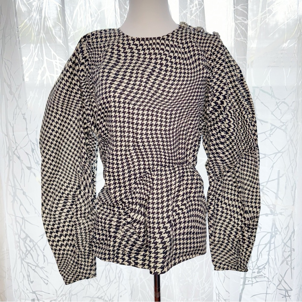 GANNI WHITE BLACK HOUNDSTOOTH COTTON PUFFY LONG SLEEVE POPLIN BLOUSE TOP